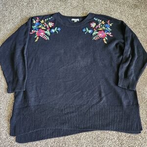 Woman Within Size 1X 22/24 Black Sweater Floral Embroidery 3/4 Sleeves